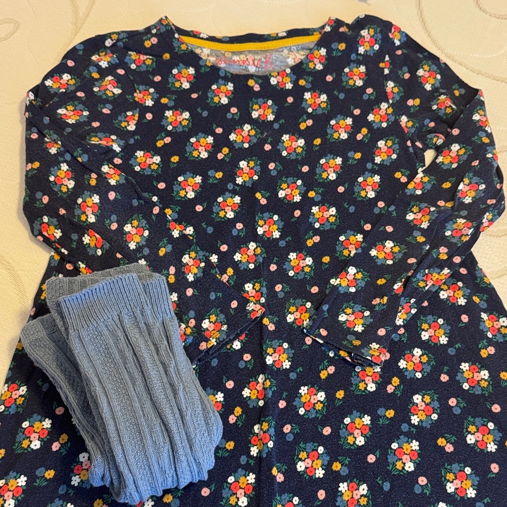 Floral Long Sleeve Dress with Blue footless Tights sz 11/12